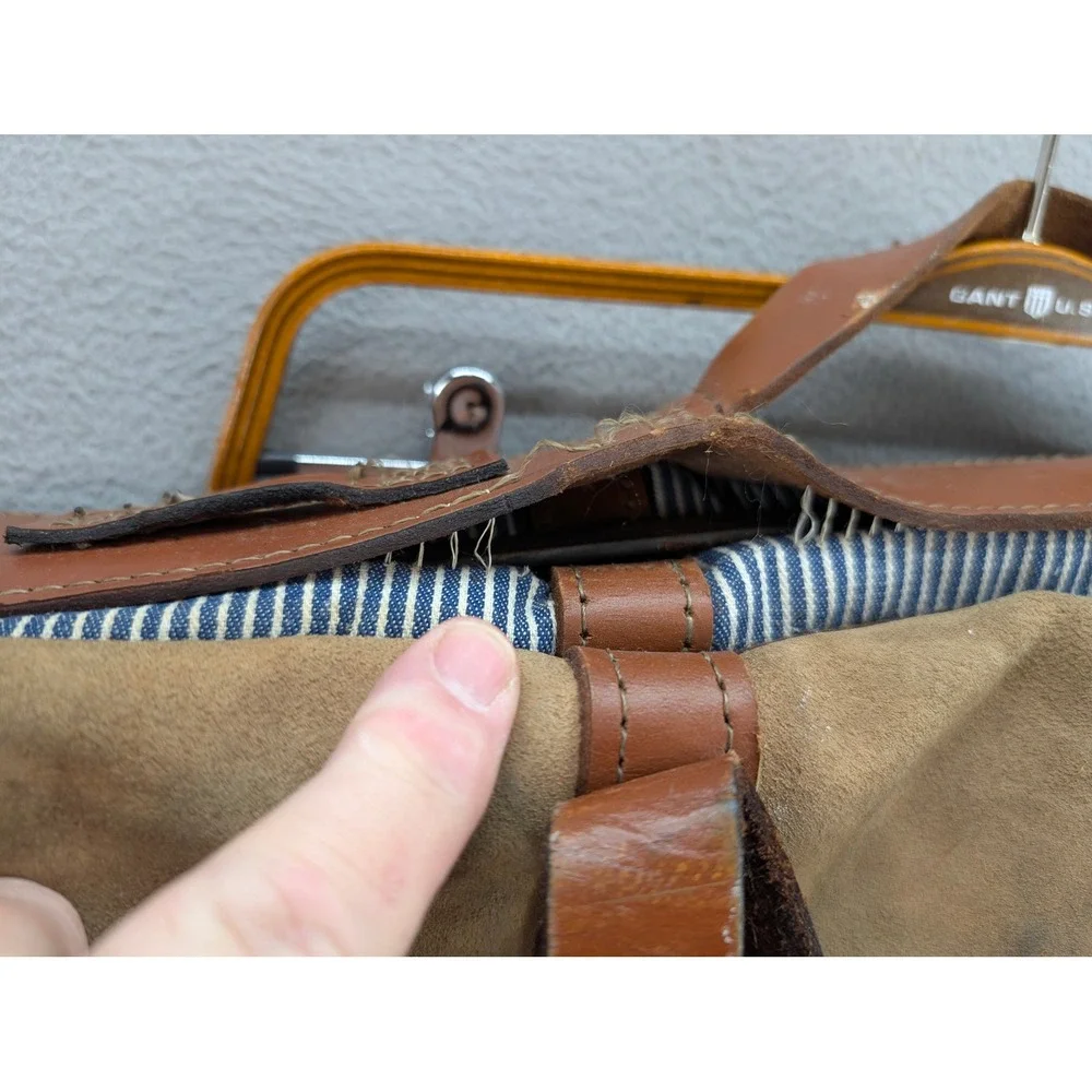 Vintage Hickory Stripe Canvas Suede Garment Travel Luggage Bag Blue White Brown